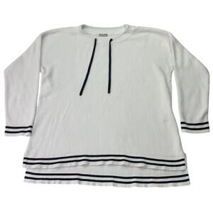 Chico's Sz 1 White Thermal Drawstring Black Stripe Waffle 3/4 Sleeve Top Shirt